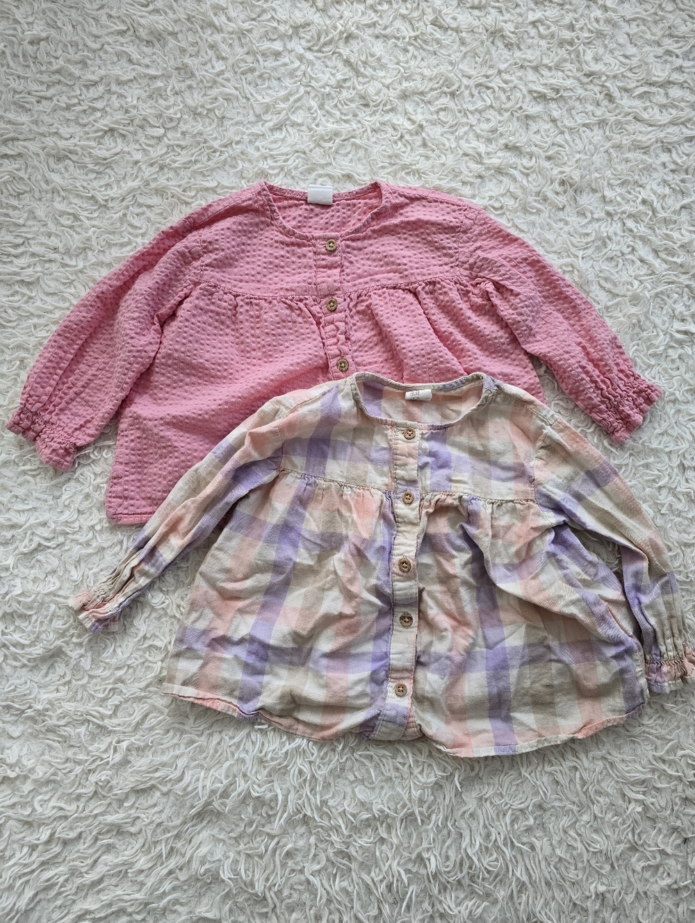 H&M Pink Textured Knit & Pastel Plaid Button-Front Kids Tops - 2-Pack